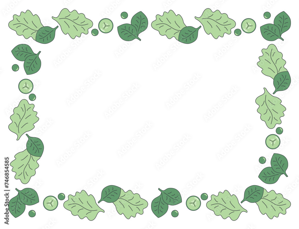 Flat Green isolated frame with vegetables, lettuce, basil, cucumber, peas on  on transparent background. Vector illustration EPS10