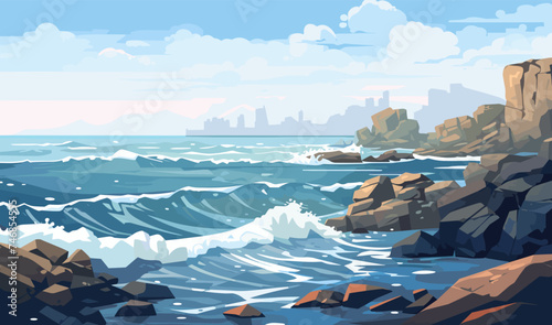 rocky coastline with crashing waves vector simple isolated illustration