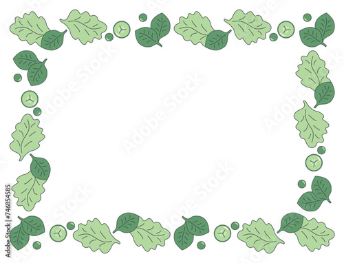 Flat Green isolated frame with vegetables, lettuce, basil, cucumber, peas on  on transparent background. Vector illustration EPS10