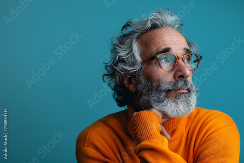 portrait of a man with thoughtful expression on blue copy space