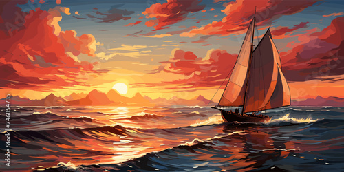 sailboat in the sea with the evening sunlight, digital art style, illustration painting © Viacheslav