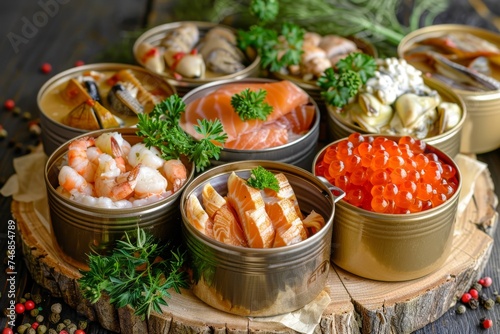 Variety of canned fish and seafood cans