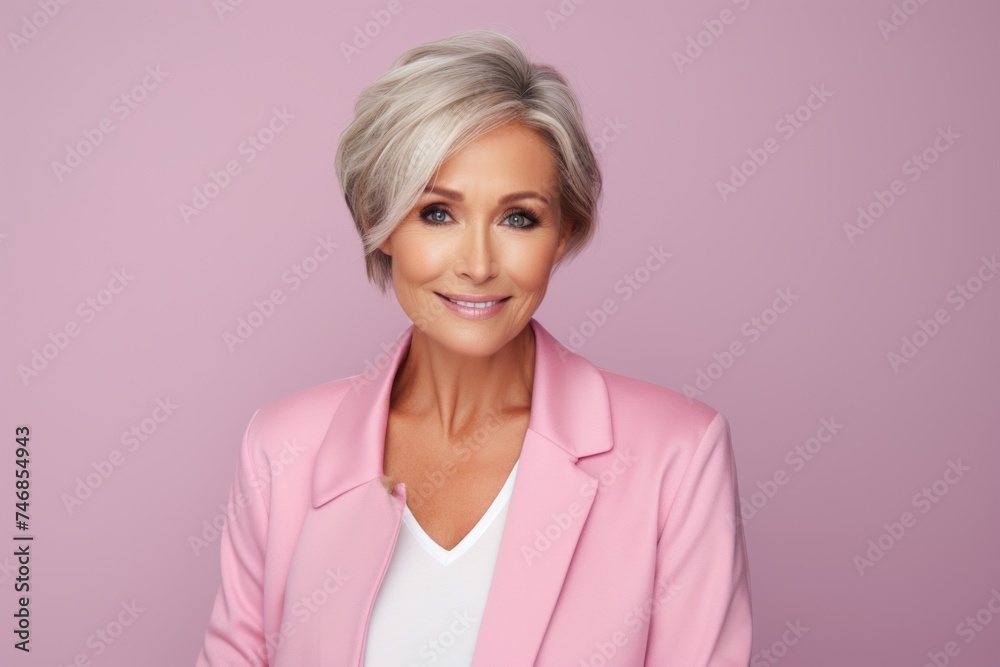 Portrait of a beautiful senior businesswoman with blond hair, wearing pink suit, standing against pink background. Portrait of a beautiful senior businesswoman with blond hair, wearing pink suit, standing against pink background.