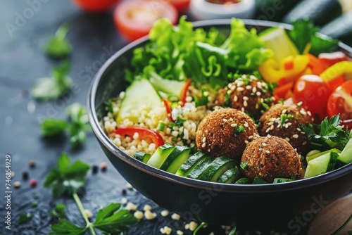 Vegetarian concept with falafel couscous tabouleh salad Buddha bowl