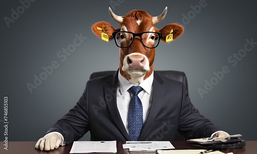 Cow business portrait dressed as a manager or ceo in a formal office business suit with glasses and tie