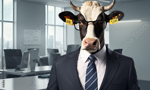 Cow business portrait dressed as a manager or ceo in a formal office business suit with glasses and tie