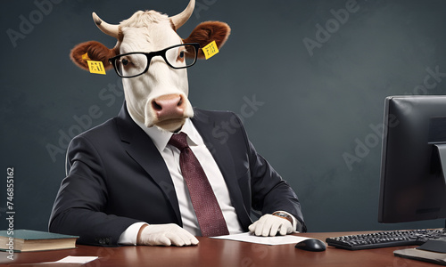 Cow business portrait dressed as a manager or ceo in a formal office business suit with glasses and tie