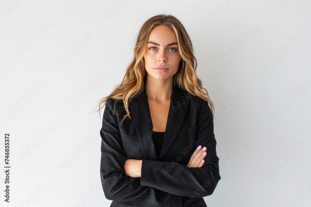 White female CEO with crossed arms in formal attire isolated on a white background White female CEO with crossed arms in formal attire isolated on a white background