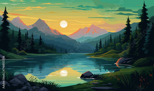 serene landscape beautiful scene evening lake colorful green lush summer mountains forest vector banner illustration
