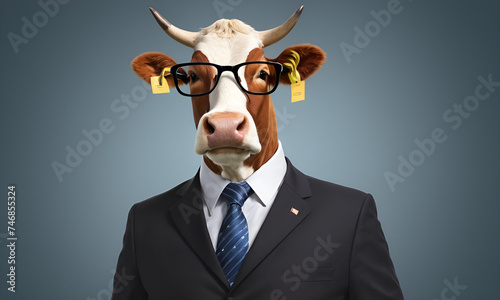 Cow business portrait dressed as a manager or ceo in a formal office business suit with glasses and tie