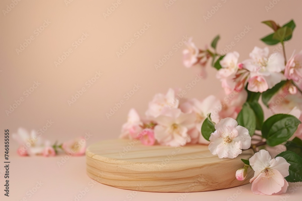Wood podium and flowers on pastel beige background Cosmetic product presentation showcase Close up copy space Wood podium and flowers on pastel beige background Cosmetic product presentation showcase Close up copy space