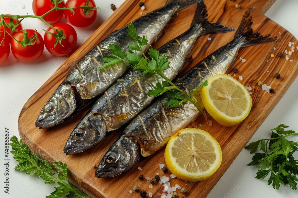 Wooden pad with fresh Indian sardine fish adorned by curry leaves lemon slice and tomatoes on white backdrop Wooden pad with fresh Indian sardine fish adorned by curry leaves lemon slice and tomatoes on white backdrop