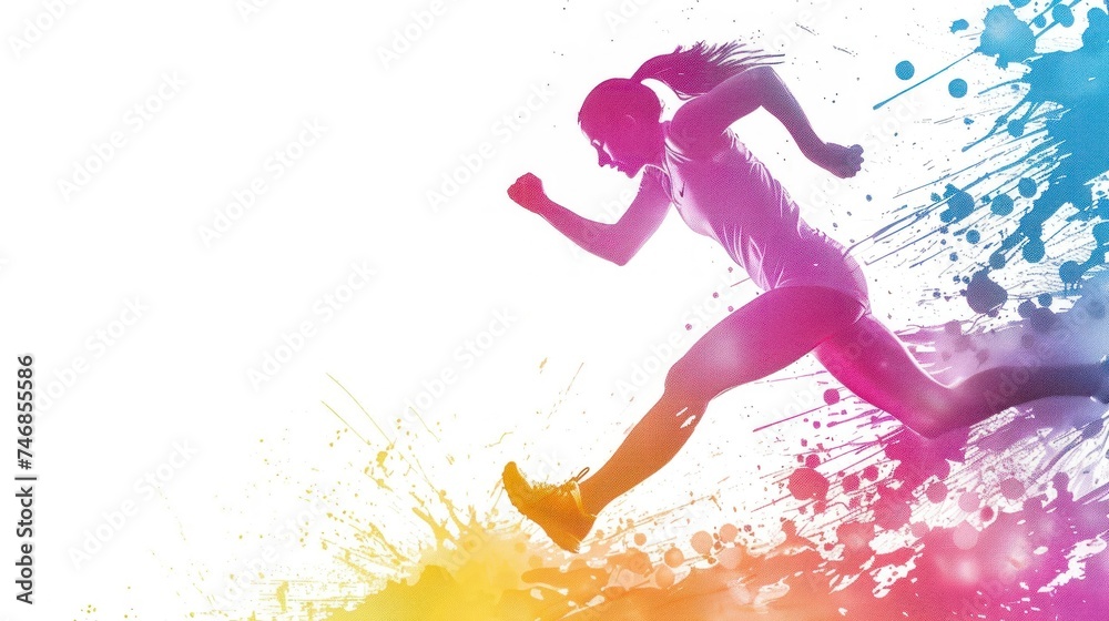 female athlete with sports clothing jogging or running with bright colored smoke on white background in high resolution and high quality