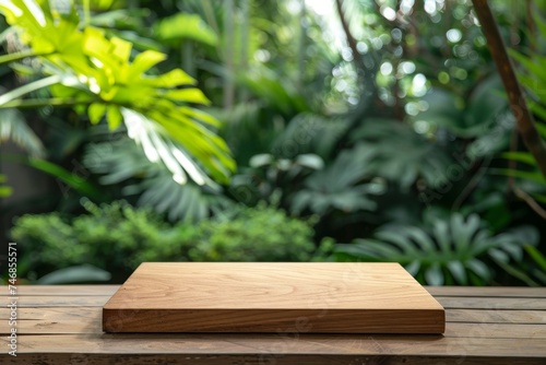 Wooden counter podium in outdoor garden with blurred green plant background displaying organic products representing spring and summer