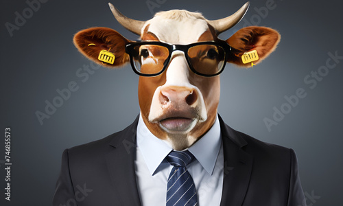 Cow business portrait dressed as a manager or ceo in a formal office business suit with glasses and tie