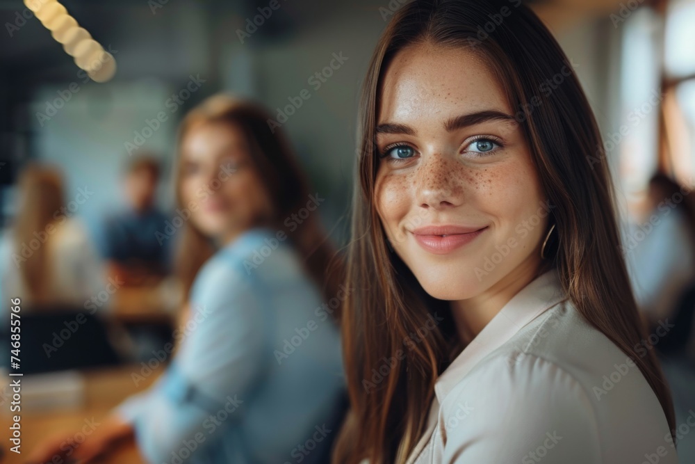 Young executive manager happily holding a business meeting with coworkers and glancing at the camera in the office Young executive manager happily holding a business meeting with coworkers and glancing at the camera in the office