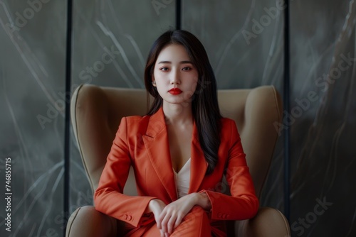 Young Asian businesswoman sitting on armchair in photo