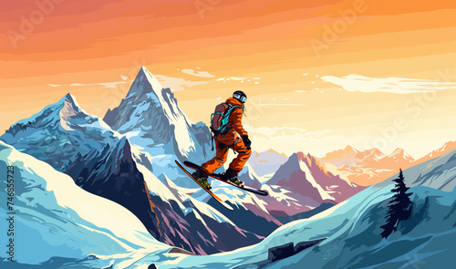 Snowboarding illustration vector landscape sport mountain winter leisure lifestyle concept