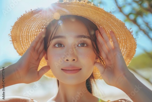 Young beautiful Asian woman traveler protecting her face from the sun in summer Happy cheerful girl Beauty model concept © VolumeThings
