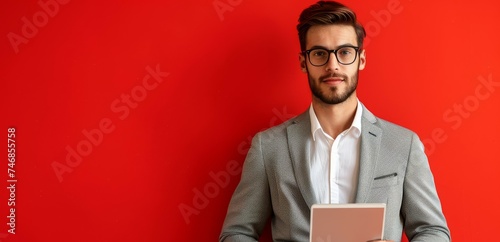 Young corporate lawyer dressed in a formal grey suit glasses and working in an office uses a tablet while glancing away against a plain red orange background photo