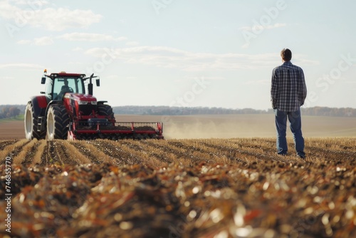 Young farmer checking wheat while tractor plows field photo