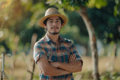 Young farmer man posing on the farm with crossed hands wearing casual shirt and hat