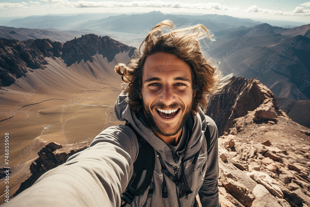 Hiker with a wide smile selfie at rocky mountain summit Hiker with a wide smile selfie at rocky mountain summit