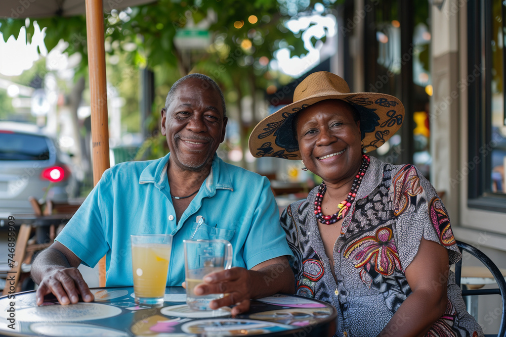 Happy Black Retired Old Couple at Cafe Bar Restaurant Outside on Vacation
