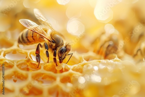 Zoomed in perspective of busy bees on honeycombs empty area for text © VolumeThings