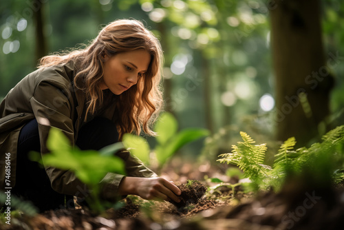 Young woman planting ferns in a forest. Environmental steward