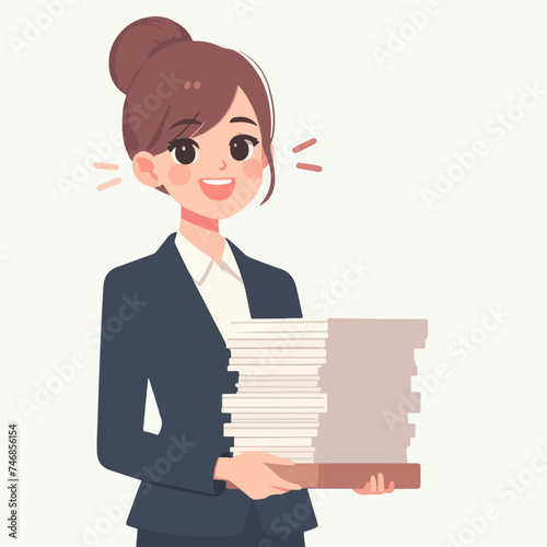 Illustration of businesswoman carrying a stack of company documents in flat design concept