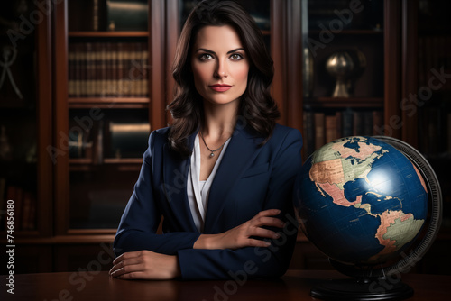 Young beautiful businesswoman sitting at a desk with a globe. Global diplomat