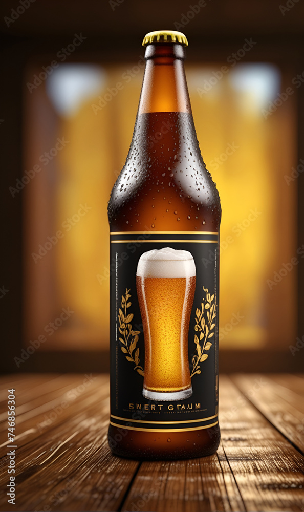 Bottle of beer covered with drops of moisture, on wooden board