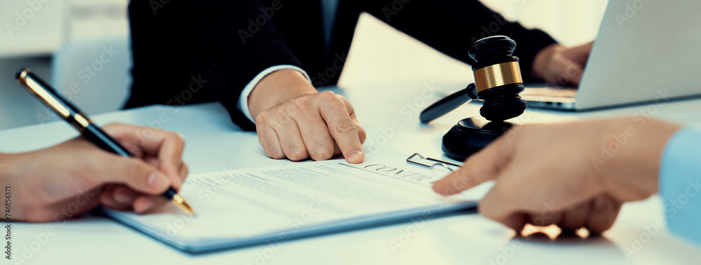 Couples file for divorcing and seek assistance from law firm to divide property after breakup. Obligations contract assist by lawyer in negotiating settlement agreement meeting. Panorama Rigid - obrazy, fototapety, plakaty 