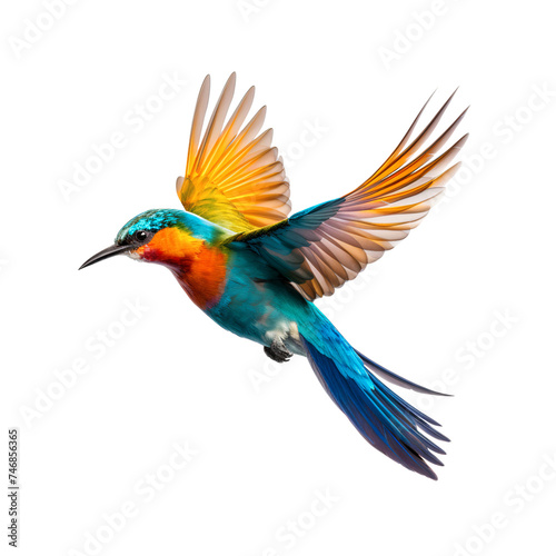 Multicolor tropical bird flying, isolated on white background