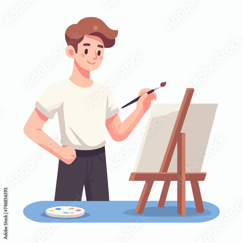 Young man enjoying his hobby painting on canvas in flat design illustration