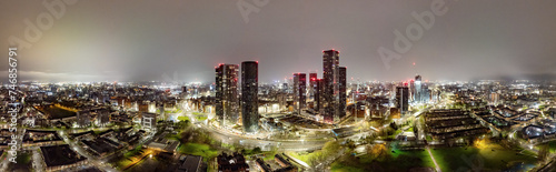 Aerial of Deansgate Square Manchester UK in the blue zone just before sunrise.Deansgate Square 