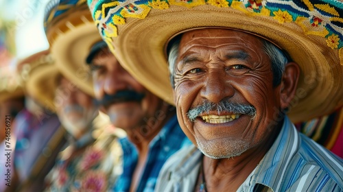 Group of Mexican men in giant sombrero hats are smiling to camera