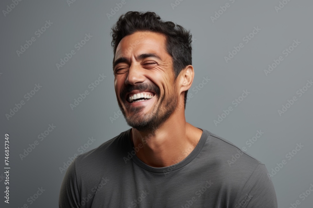 Portrait of a handsome young man laughing and looking up against grey background - obrazy, fototapety, plakaty 