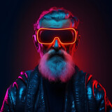 Cyber ​​futuristic modern grandfather with VR glasses. Virtual reality, pop art, contemporary design. Technology concept.