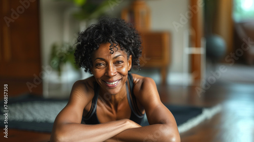 Professional Portrait of a happy active black African American mature woman smiling and doing fitness pilates at her home gym
