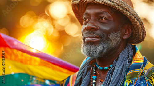 Happy mature black african american gay man celebrating pride festival with rainbow flags, candid LGBTQ+ summer parade. photo