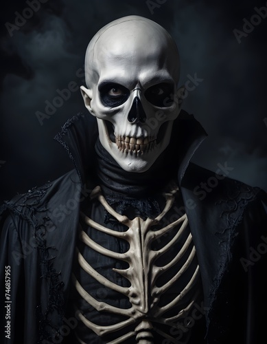 A sinister portrayal of the Grim Reaper with a haunting skull face emerges from the shadows. Cloaked in darkness, the figure exudes an eerie aura of the macabre. AI Generative