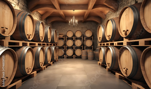 Basement room with many wooden barrels, wine cellar photo