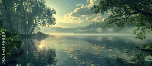 A painting showcasing a serene lake with lush trees in the background under a semi-cloudy sky. The water reflects the suns glow, creating a tranquil ambiance. © 2rogan