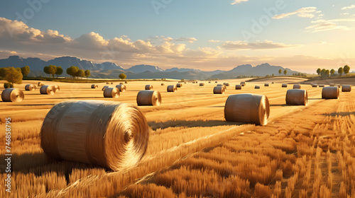 Hay bales in field at sunset