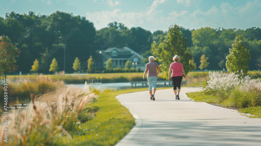 Obraz premium Two Retired Friends Powerwalk Outdoors
