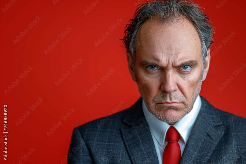 Angry businessman, copy space of a disgruntled boss, angry gentleman in red and with a look of anger and hate