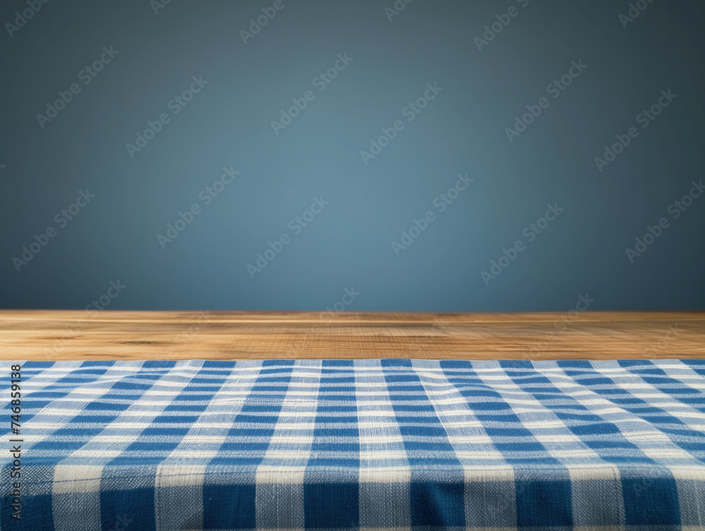 A blue checkered tablecloth on a wooden table creates a wide backdrop for text. The image is horizontal.