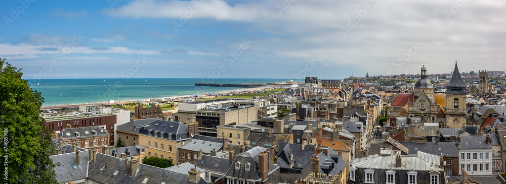 Wonderful panoramic view of Dieppe town, the fishing port on the English Channel, at the mouth of Arques river. Dieppe, Normandy, France.